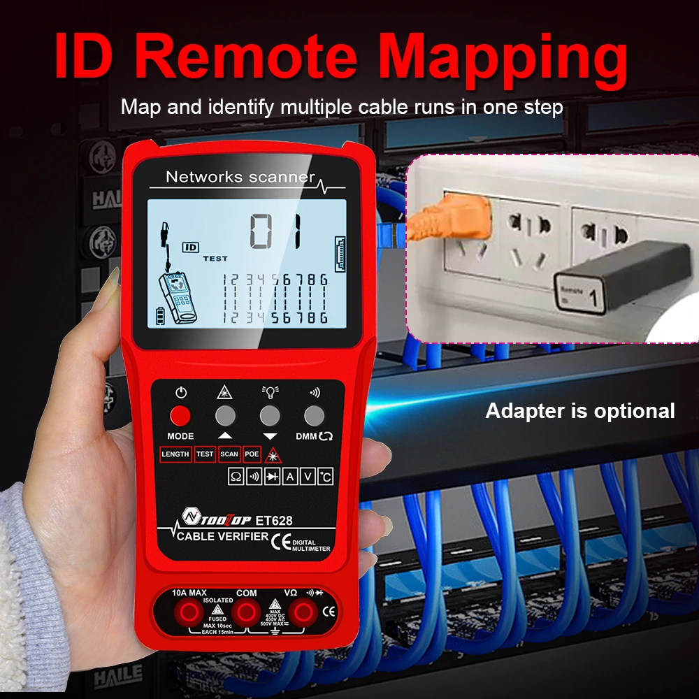 TOOLTOP 3 in 1 Network Cable Tester + Multimeter + Red Light Pen 600M Network Cable Length Measure AC DC Current Voltage Measurement Anti-noise Line Tracker With Bag ET624 ET626 ET628
