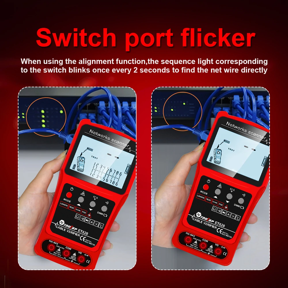 TOOLTOP 3 in 1 Network Cable Tester + Multimeter + Red Light Pen 600M Network Cable Length Measure AC DC Current Voltage Measurement Anti-noise Line Tracker With Bag ET624 ET626 ET628