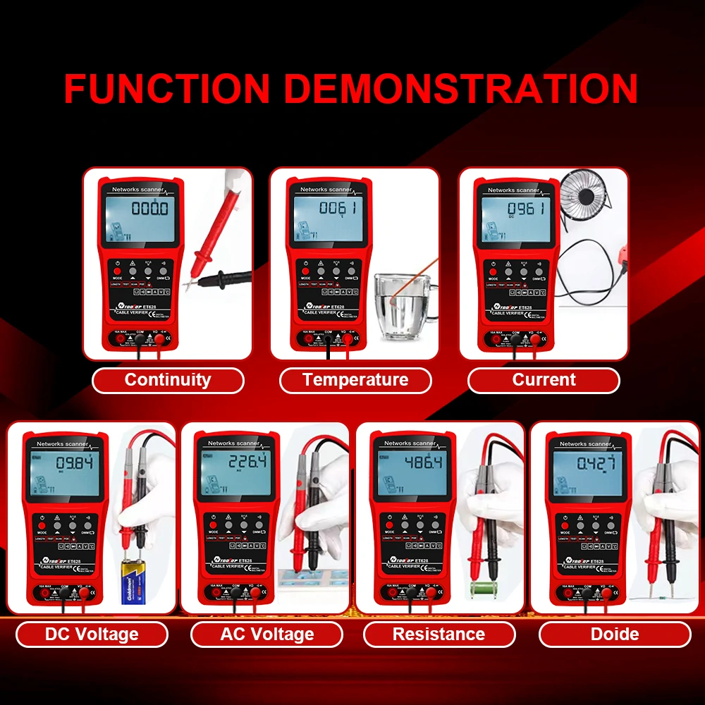 TOOLTOP 3 in 1 Network Cable Tester + Multimeter + Red Light Pen 600M Network Cable Length Measure AC DC Current Voltage Measurement Anti-noise Line Tracker With Bag ET624 ET626 ET628