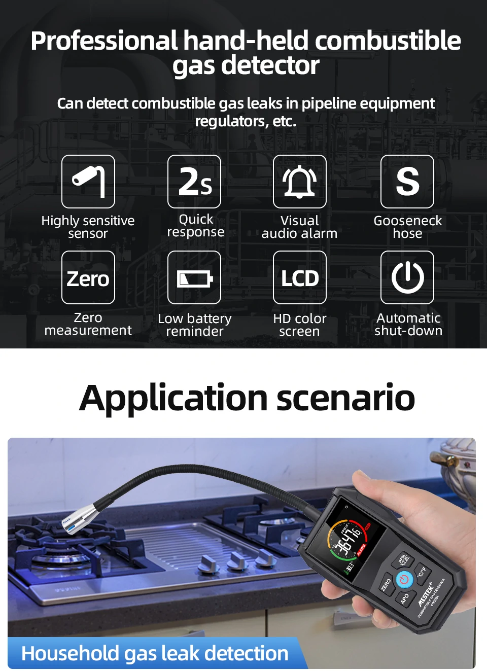 MESTEK CGD-02A Digital Gas Tester Gas Sensor Air Quality Monitor Gas Leak Sensor Gas Analyzer Automotive Combustible Tester