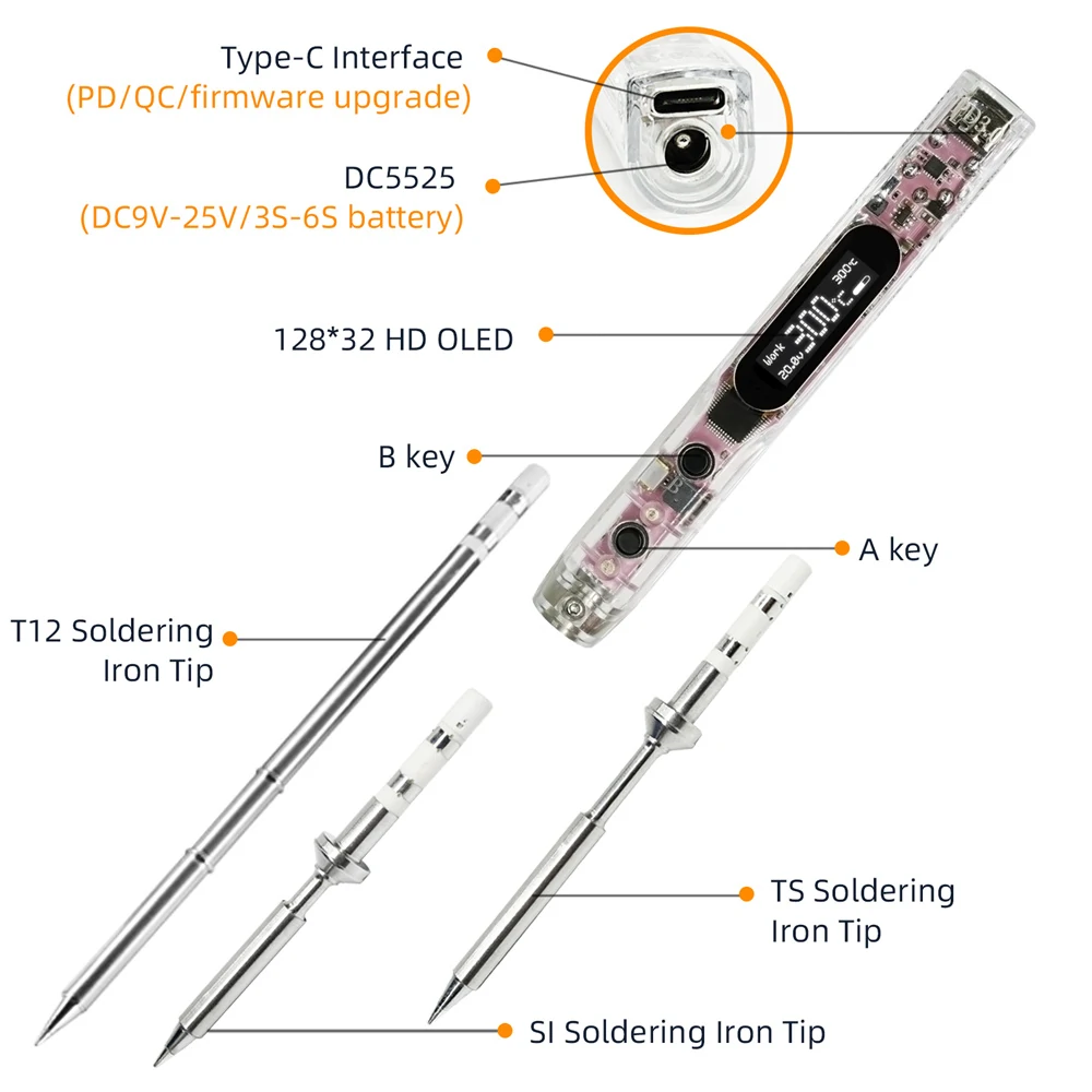 SEQUER SI012 Pro Max TS-B2 Portable OLED Soldering Iron with Color Ambience Light Chinese, English and Russian Menu Applicable TS Soldering Iron Tips Support PD|QC|3S-6S Battery Power Supply