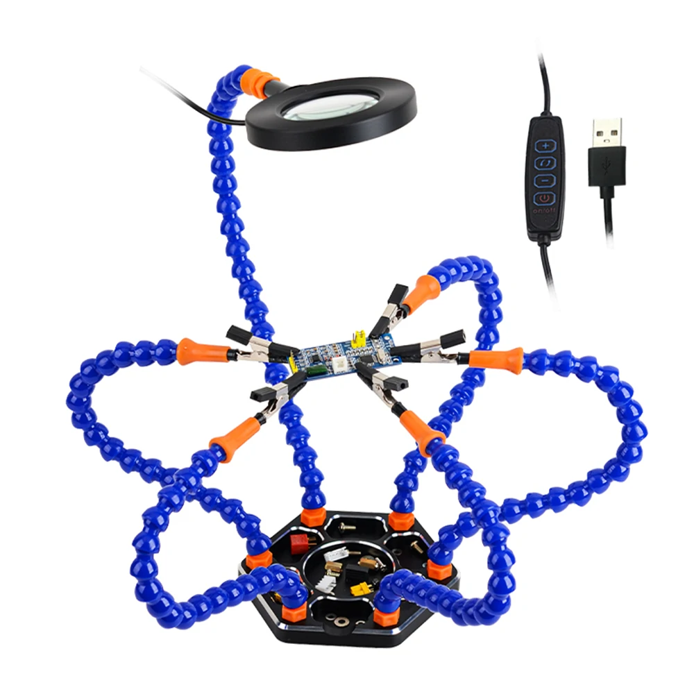 Aluminum Alloy 6-Claw Soldering Station with USB Magnifying Lamp  A High-Powered Solution for Precision Work and Hobbyists.