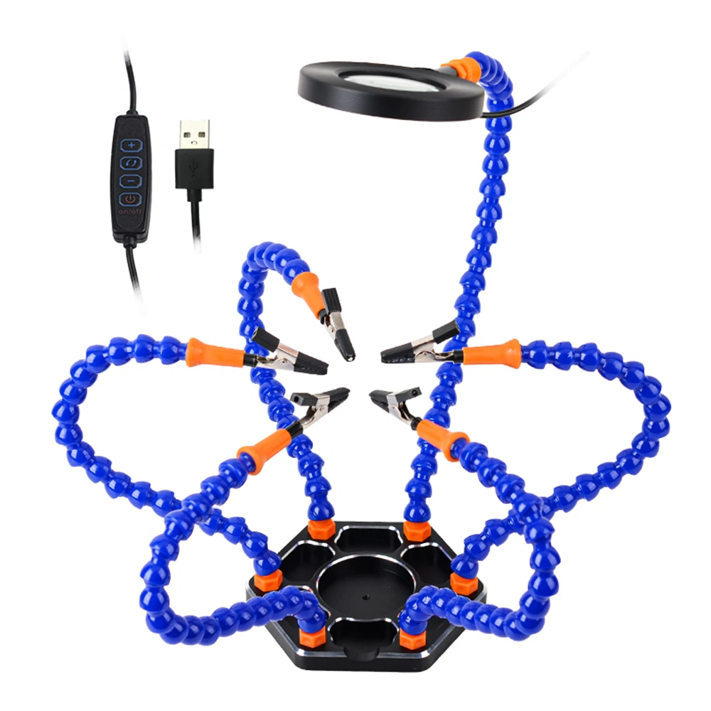 Aluminum Alloy 6-Claw Soldering Station with USB Magnifying Lamp  A High-Powered Solution for Precision Work and Hobbyists.