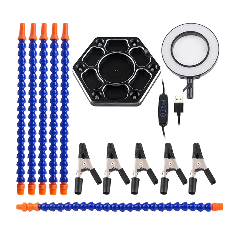 Aluminum Alloy 6-Claw Soldering Station with USB Magnifying Lamp  A High-Powered Solution for Precision Work and Hobbyists.