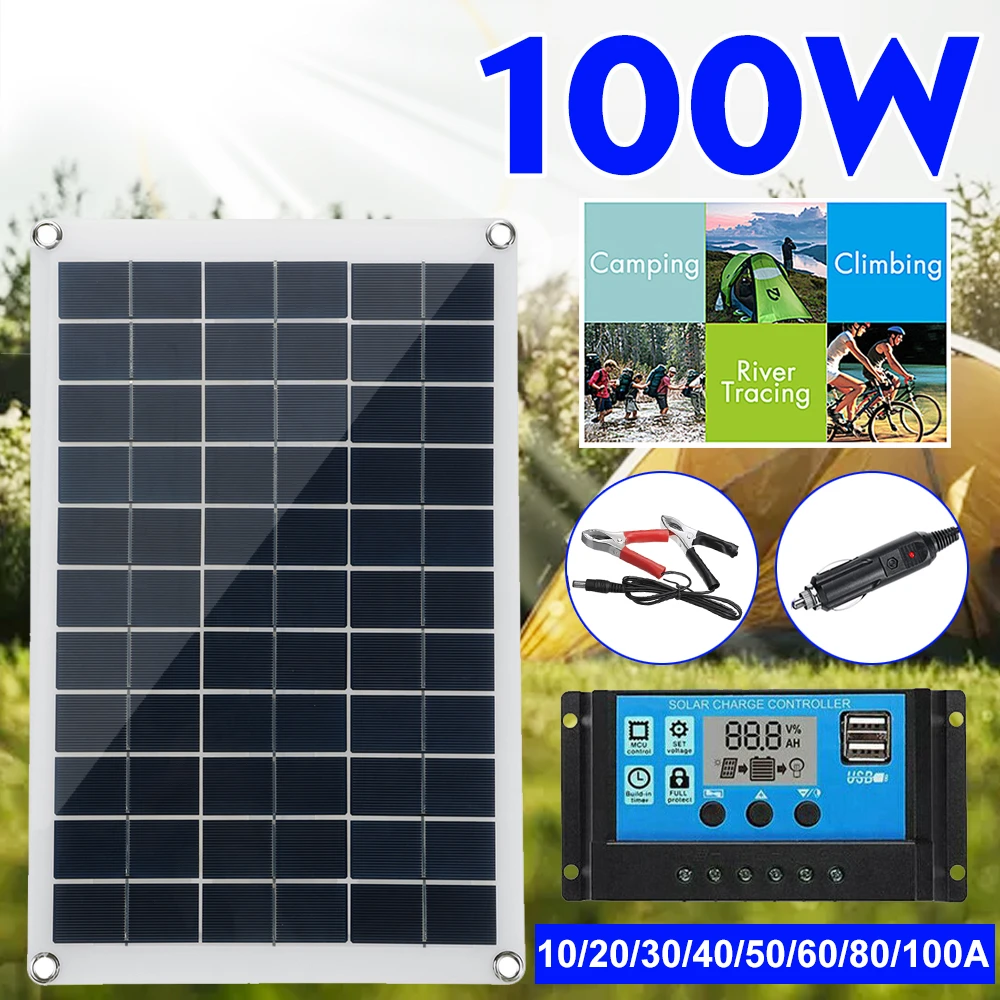 100W Solar Panel kit 12V battery Charger 10-100A LCD Controller For Caravan Van Boat