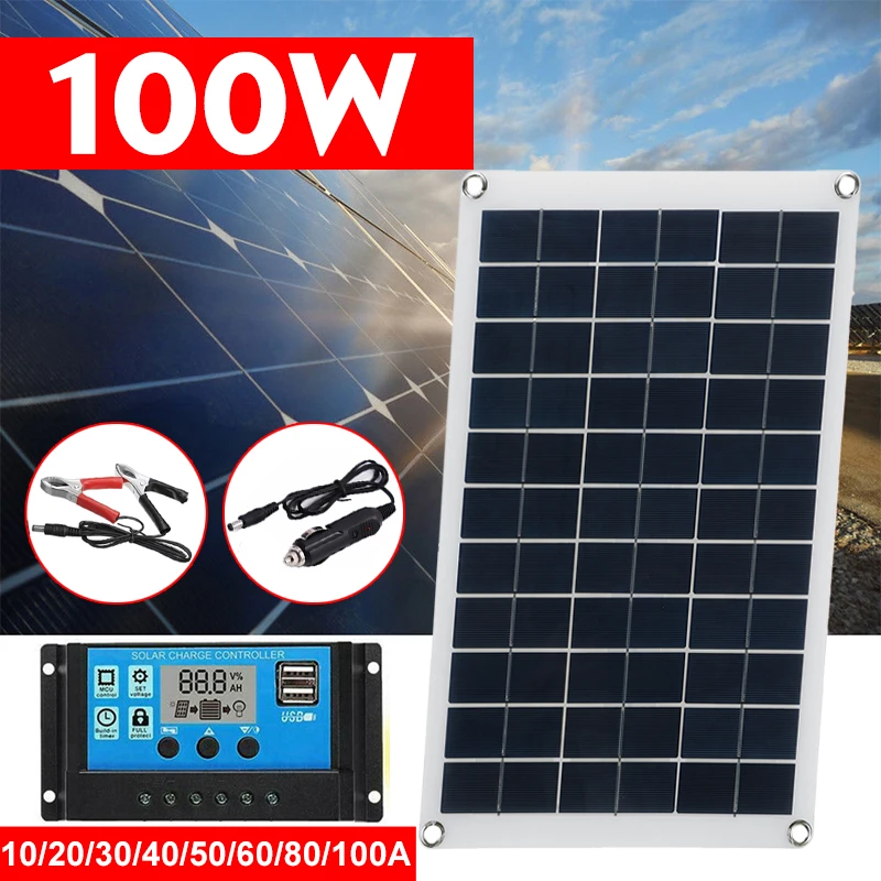 100W Solar Panel kit 12V battery Charger 10-100A LCD Controller For Caravan Van Boat