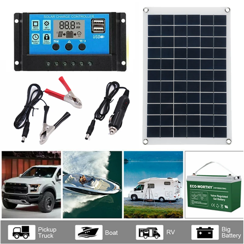 100W Solar Panel kit 12V battery Charger 10-100A LCD Controller For Caravan Van Boat