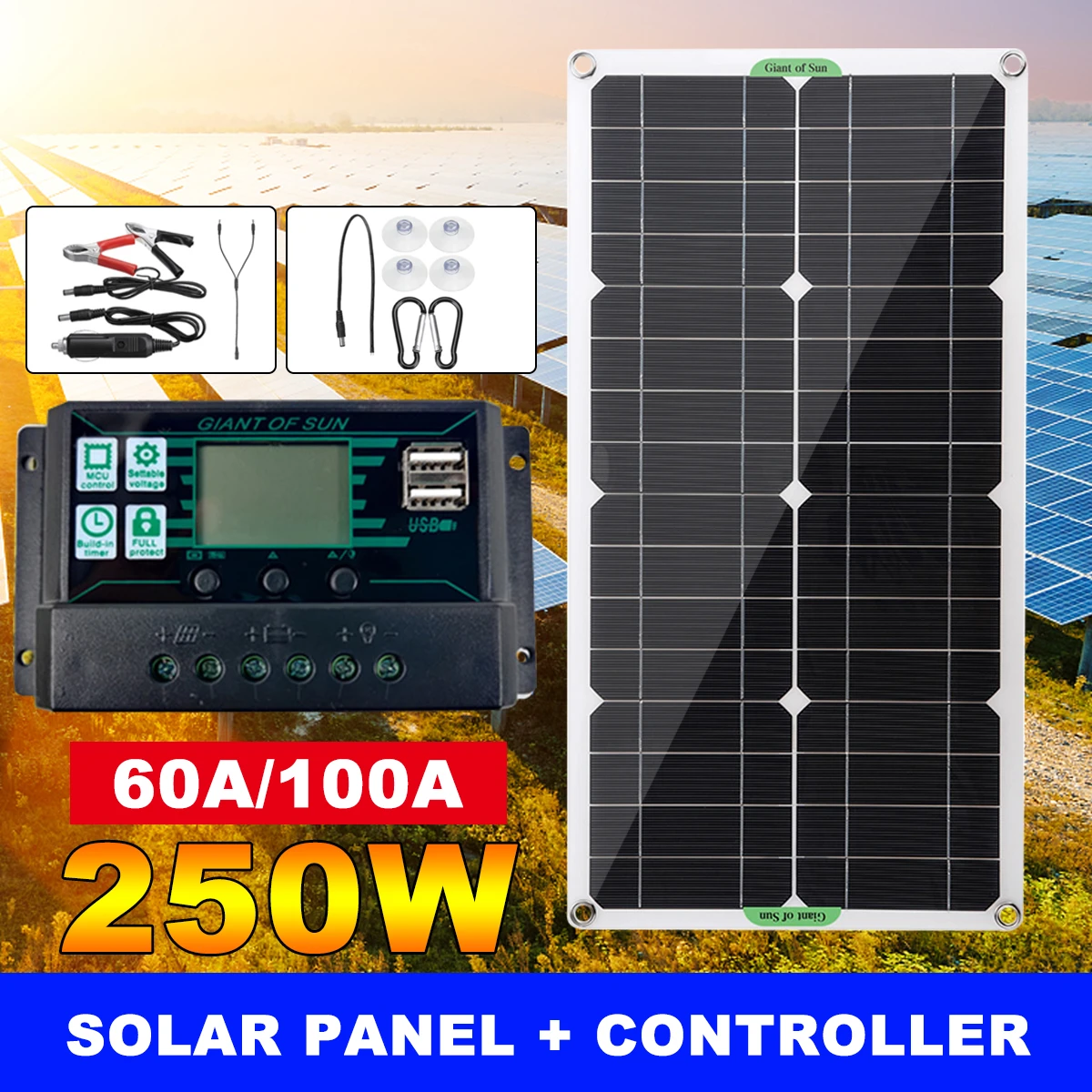 250W Max Portable Solar Panel Kit Dual DC USB Charger Kit Single Crystal Semi-flexible Solar Power Panel w/ 60A/100A Solar Controller