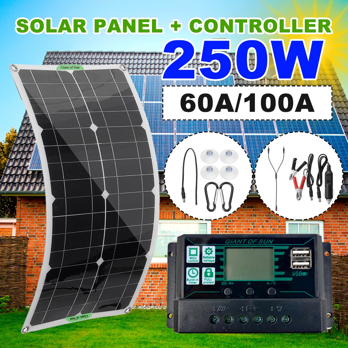 250W Max Portable Solar Panel Kit Dual DC USB Charger Kit Single Crystal Semi-flexible Solar Power Panel w/ 60A/100A Solar Controller