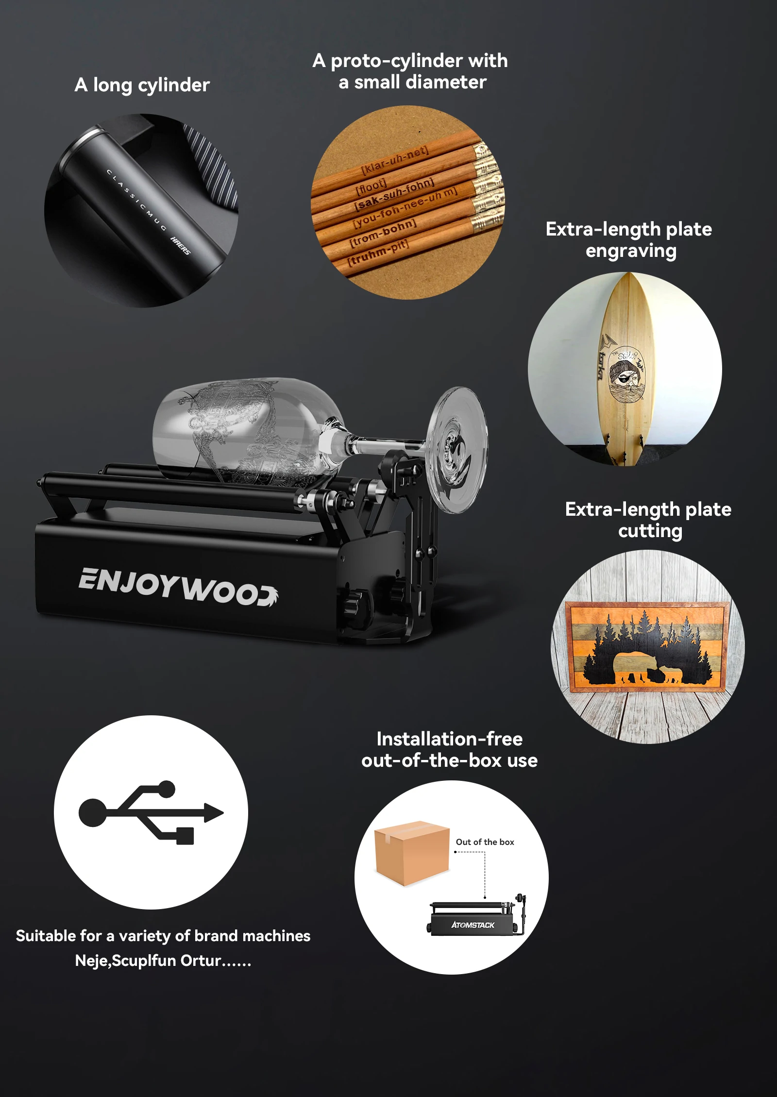 ENJOYWOOD R3 PRO Rotary Roller with Separable Support Module and Extension Towers for Laser Engraver