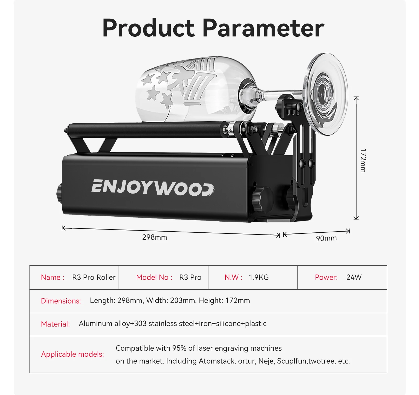 ENJOYWOOD R3 PRO Rotary Roller with Separable Support Module and Extension Towers for Laser Engraver