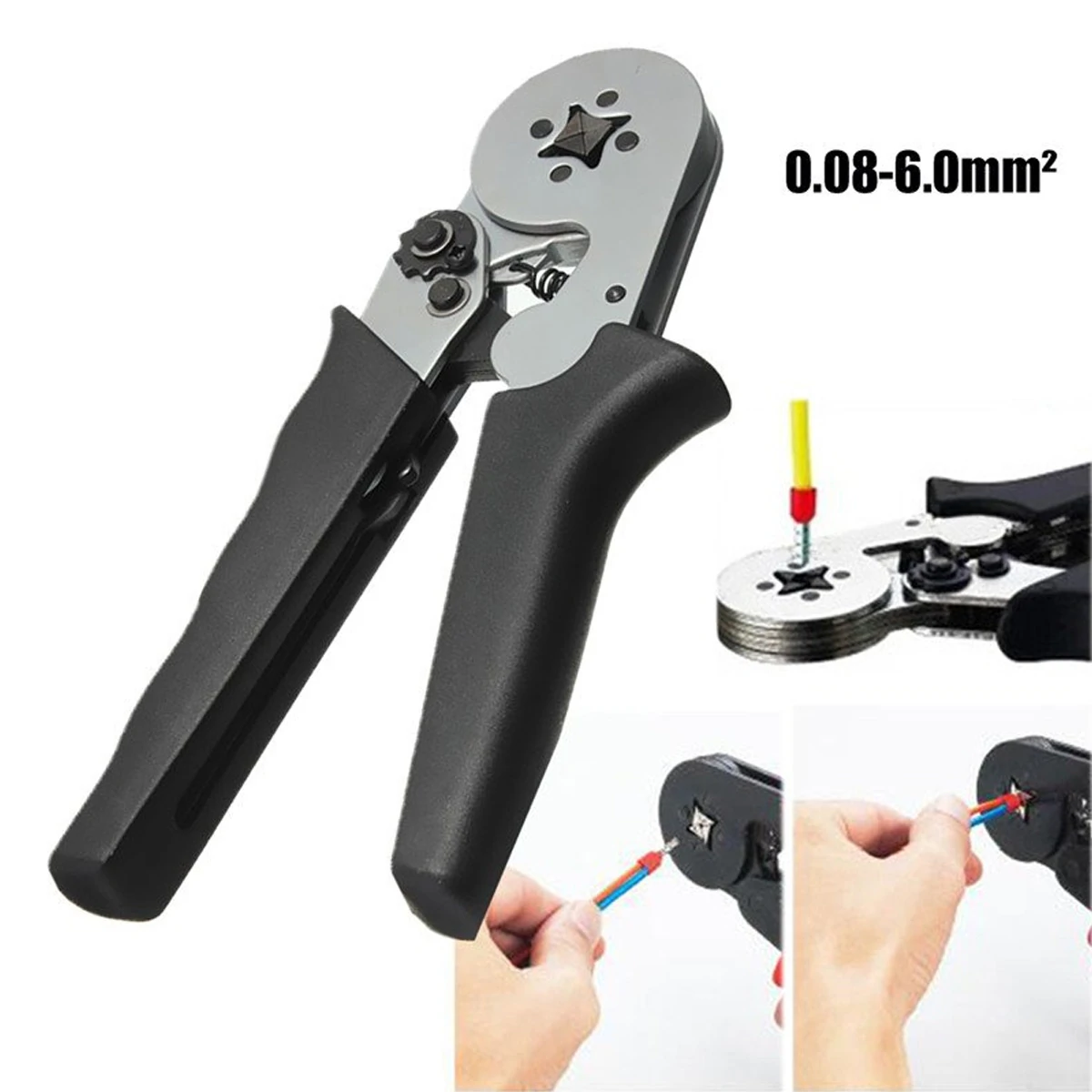 Self-Adjustable Terminal Crimping Tool with 0.08-6.0mm² Range Ergonomic Nylon Handle Uniform Pressure Crimp Ideal for Insulated and Non-insulated Wire Connections