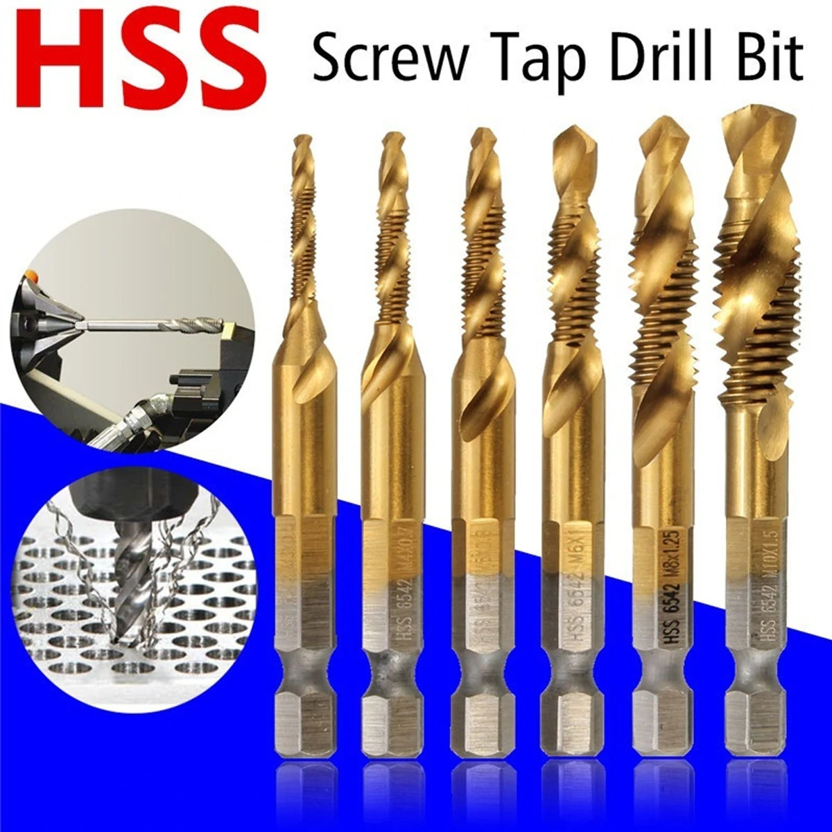Drillpro 6pcs HSS 6542 M3-M10 Combination Drill Titanium Coated Tap Bit Set 1/4 Inch Hexagon Metric Deburr Countersink Bits Screw Thread Metric Tap
