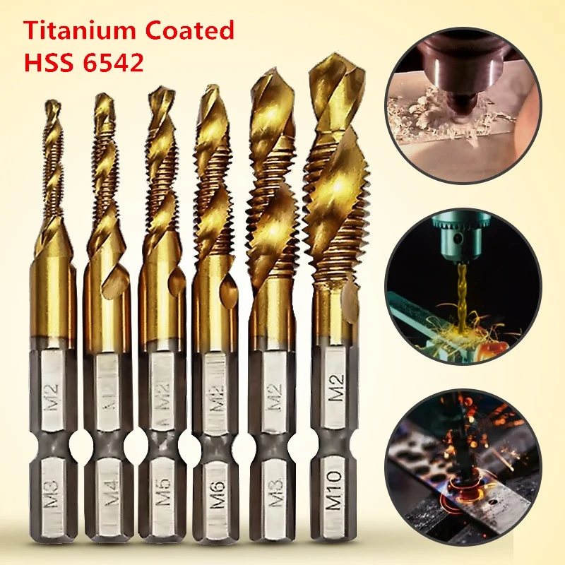 Drillpro 6pcs HSS 6542 M3-M10 Combination Drill Titanium Coated Tap Bit Set 1/4 Inch Hexagon Metric Deburr Countersink Bits Screw Thread Metric Tap