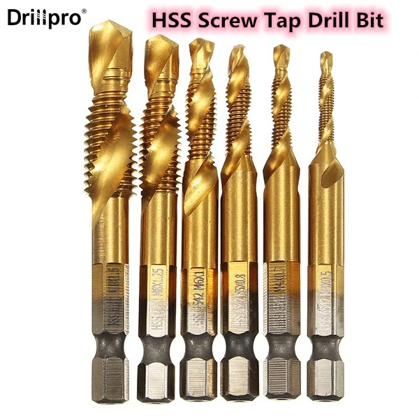 Drillpro 6pcs HSS 6542 M3-M10 Combination Drill Titanium Coated Tap Bit Set 1/4 Inch Hexagon Metric Deburr Countersink Bits Screw Thread Metric Tap