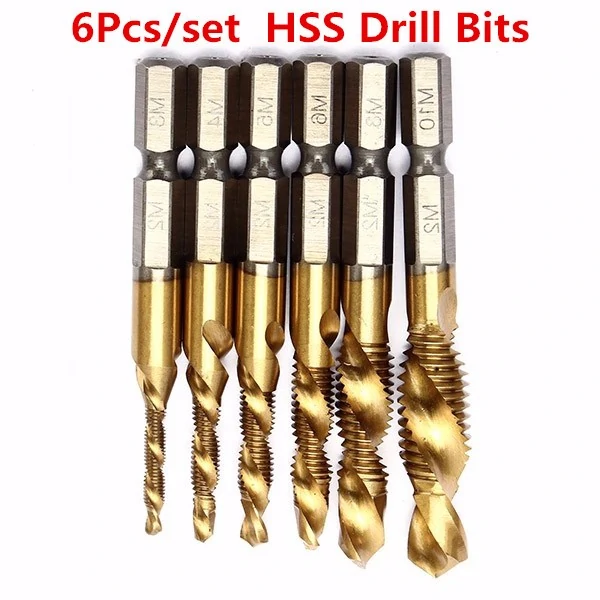 Drillpro 6pcs HSS 6542 M3-M10 Combination Drill Titanium Coated Tap Bit Set 1/4 Inch Hexagon Metric Deburr Countersink Bits Screw Thread Metric Tap