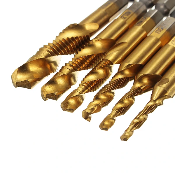 Drillpro 6pcs HSS 6542 M3-M10 Combination Drill Titanium Coated Tap Bit Set 1/4 Inch Hexagon Metric Deburr Countersink Bits Screw Thread Metric Tap