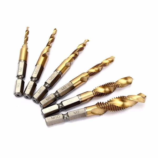 Drillpro 6pcs HSS 6542 M3-M10 Combination Drill Titanium Coated Tap Bit Set 1/4 Inch Hexagon Metric Deburr Countersink Bits Screw Thread Metric Tap