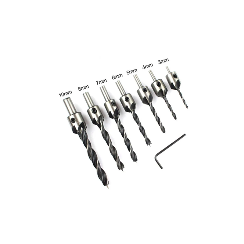 7PCS 3mm-10mm HSS Countersink Drill Bit Set Reamer Woodworking Chamfer Drill Counterbore Pliot Hole Cutter Screw Hole Drill
