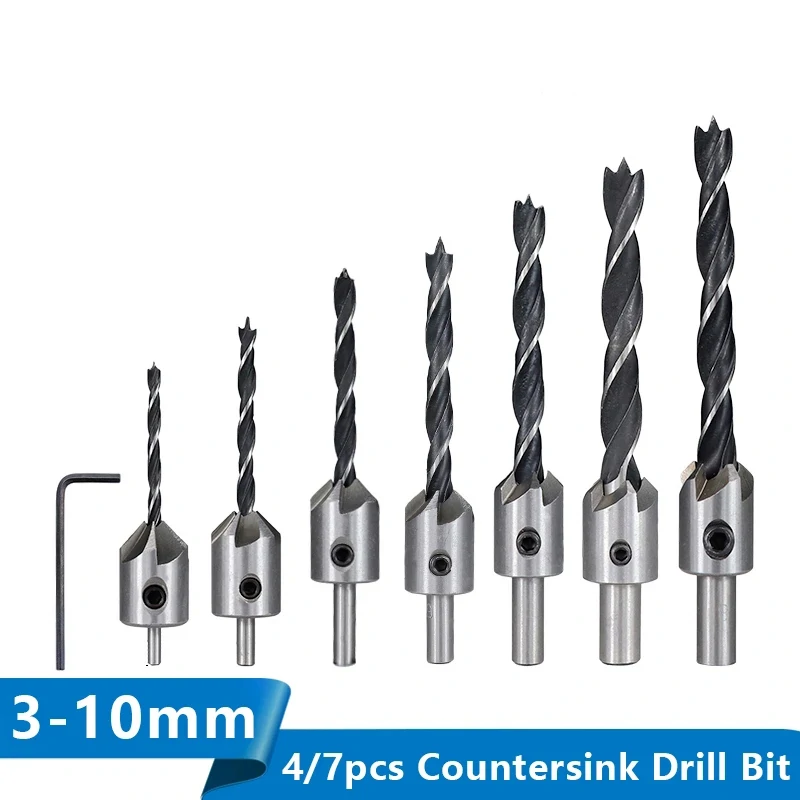 7PCS 3mm-10mm HSS Countersink Drill Bit Set Reamer Woodworking Chamfer Drill Counterbore Pliot Hole Cutter Screw Hole Drill