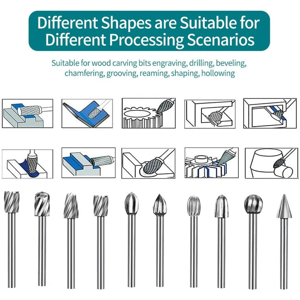 3mm High Speed Steel Woodworking Rotary Files Set of 20 - Carving DIY Polishing Grinding Head Milling Cutter Kit Accessories