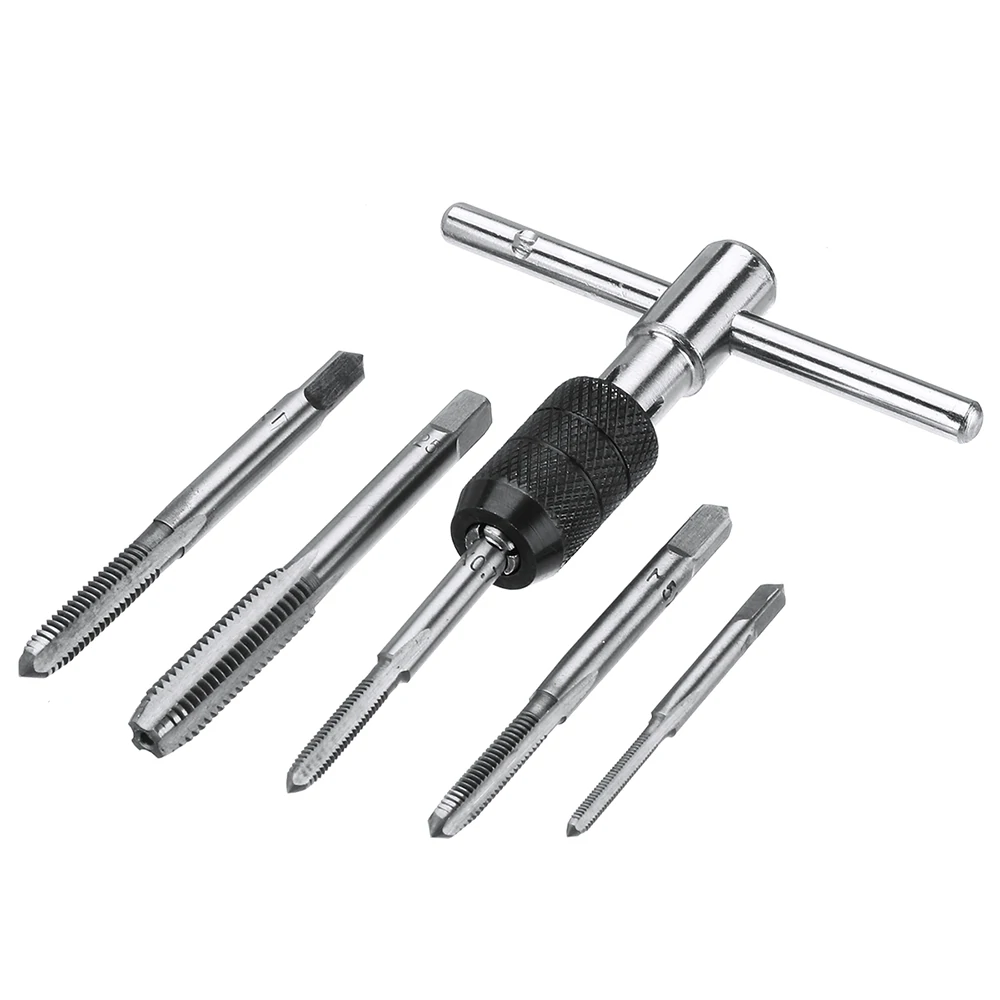 6pcs M3-M8 Tap Drill Set T Handle Ratchet Tap Wrench Machinist Tool With Screw Tap Hand