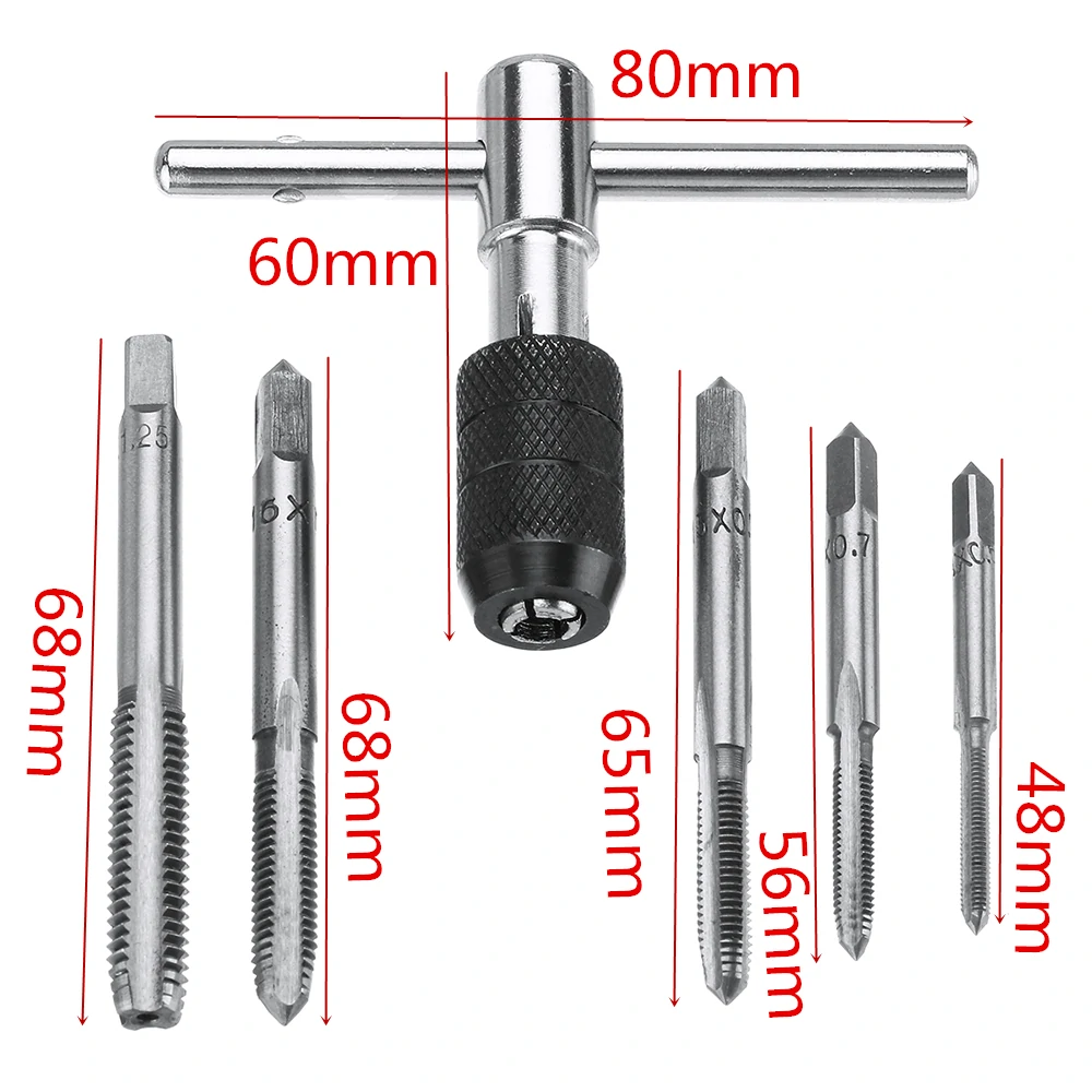 6pcs M3-M8 Tap Drill Set T Handle Ratchet Tap Wrench Machinist Tool With Screw Tap Hand