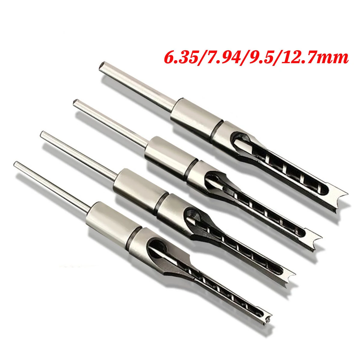 4PCS 6.35/7.94/9.5/12.7mm Woodworking Square Hole Drill Bit Mortising Chisel